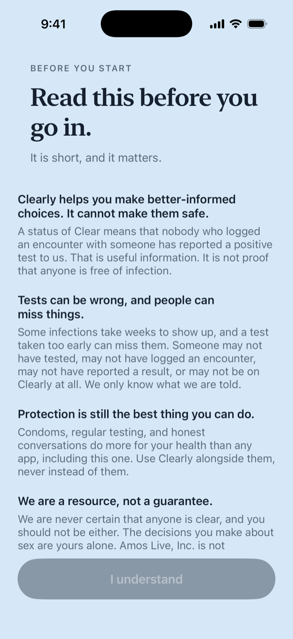 The safety acknowledgement inside the app: Read this before you go in.