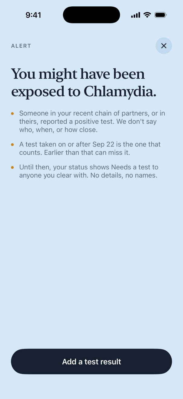 An exposure alert: which infection, and the date a test can rule it out.