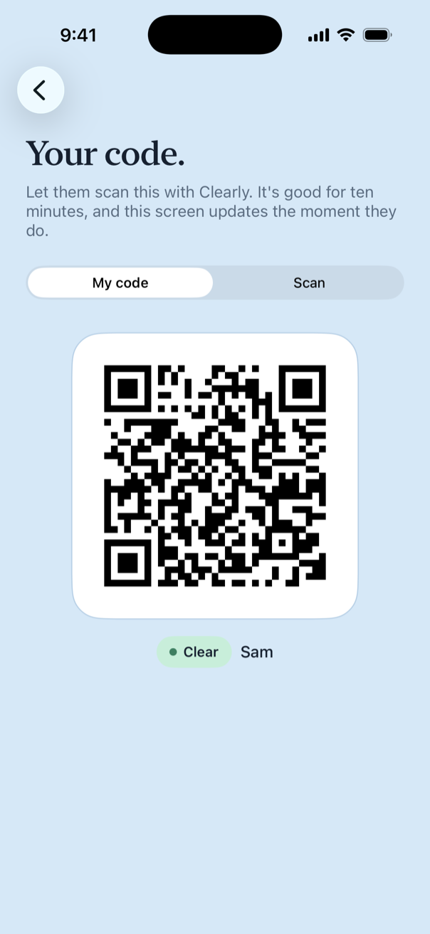 Your code: a QR code the other person scans, marked Clear.
