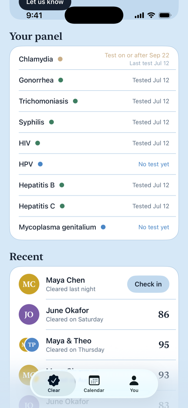 Your panel: each infection with a colored dot and the date of the last test.