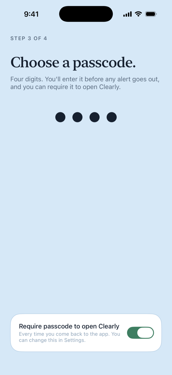 Choose a passcode: four dots and a toggle to require it to open Clearly.