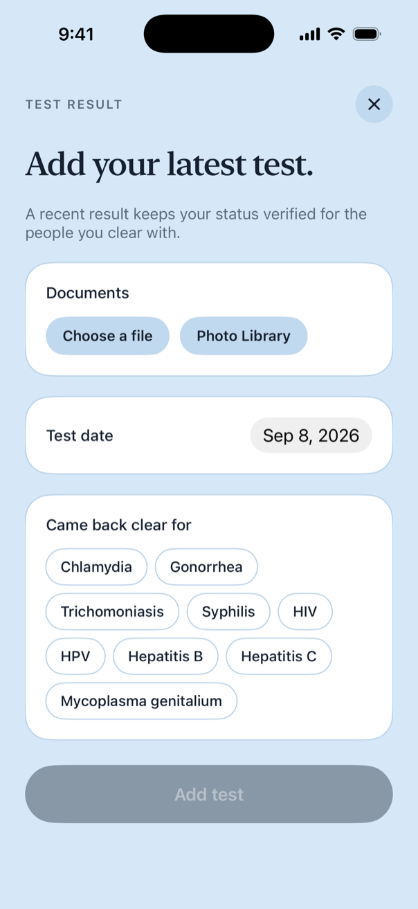Add a test: choose a file or photos, the date, and what the test covered.